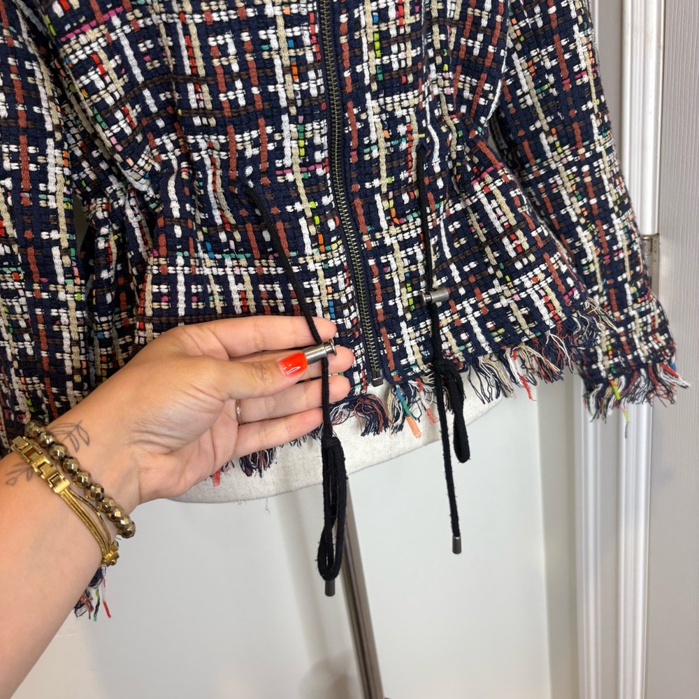 HALOGEN Multi-Color Tweed Fringe Peplum Zip Up Jacket - Picture 4 of 11